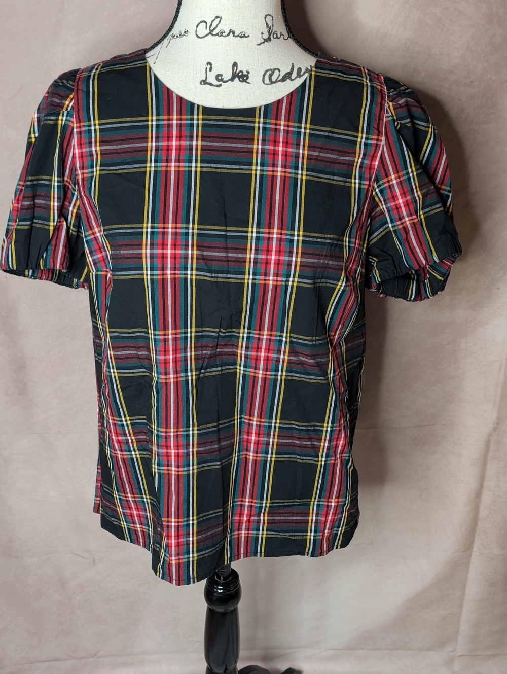 J. Crew Factory Tartan cotton-blend poplin puff-sleeve top Plaid Size Medium
